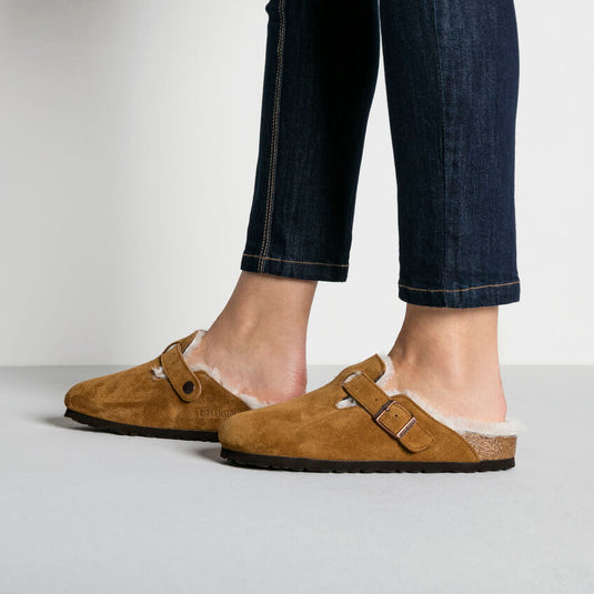 Birkenstock Sandals Boston Shearling Mink Suede Leather Birkenstock Sandals Boston Shearling Mink Suede Leather