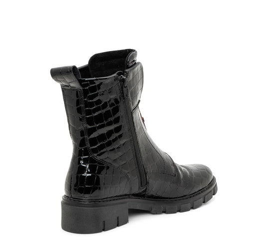 Ara Women's Deon| Dover Lug Sole Front & Inside Zip Boot Black Croc patent