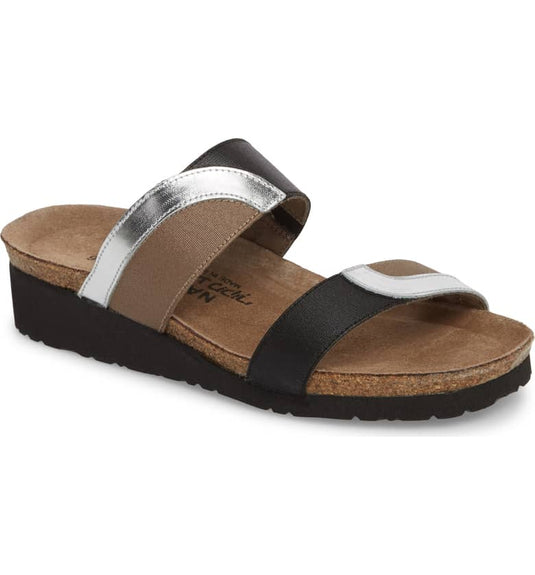 Naot Women's Frankie Slide Sandals Silver Mirror Leather/Gloss Black/Khaki Elastic Naot Women's Frankie Slide Sandals Silver Mirror Leather/Gloss Black/Khaki Elastic