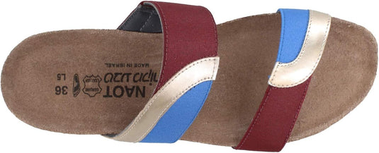 Naot Women's Frankie Slide Sandals Satin Gold Lthr/Royal Blue Stretch/Bordeaux Patina Elastic Naot Women's Frankie Slide Sandals Satin Gold Lthr/Royal Blue Stretch/Bordeaux Patina Elastic