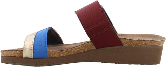 Naot Women's Frankie Slide Sandals Satin Gold Lthr/Royal Blue Stretch/Bordeaux Patina Elastic Naot Women's Frankie Slide Sandals Satin Gold Lthr/Royal Blue Stretch/Bordeaux Patina Elastic