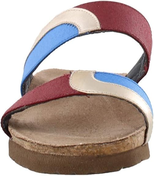 Naot Women's Frankie Slide Sandals Satin Gold Lthr/Royal Blue Stretch/Bordeaux Patina Elastic Naot Women's Frankie Slide Sandals Satin Gold Lthr/Royal Blue Stretch/Bordeaux Patina Elastic