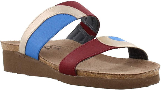 Naot Women's Frankie Slide Sandals Satin Gold Lthr/Royal Blue Stretch/Bordeaux Patina Elastic Naot Women's Frankie Slide Sandals Satin Gold Lthr/Royal Blue Stretch/Bordeaux Patina Elastic