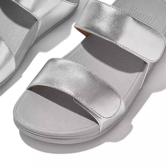 Fitflop Women's LULU Adjustable Leather Slides Silver Fitflop Women's LULU Adjustable Leather Slides Silver