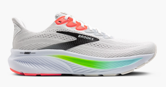 Brooks Men's Ghost 17 Sneaker White/Pink Clay/Gecko Brooks Men's Ghost 17 Sneaker White/Pink Clay/Gecko