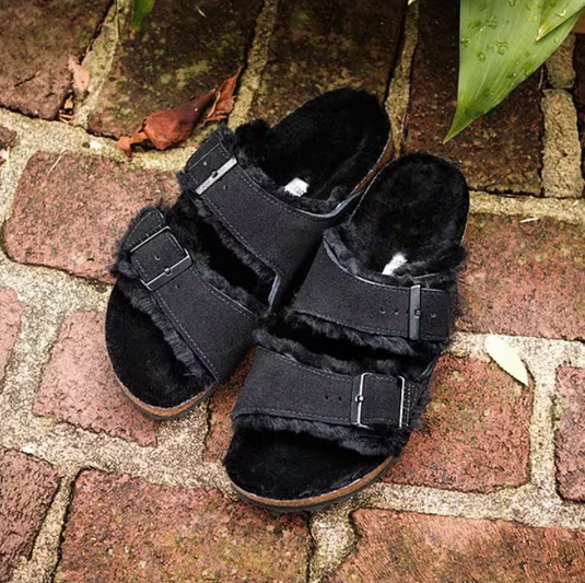 Birkenstock Sandals Arizona Shearling Black Suede Leather Birkenstock Sandals Arizona Shearling Black Suede Leather