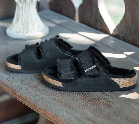 Birkenstock Sandals Arizona Shearling Black Suede Leather Birkenstock Sandals Arizona Shearling Black Suede Leather