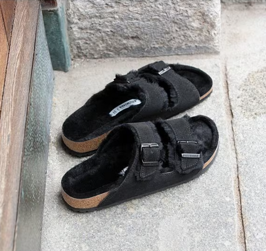 Birkenstock Sandals Arizona Shearling Black Suede Leather Birkenstock Sandals Arizona Shearling Black Suede Leather