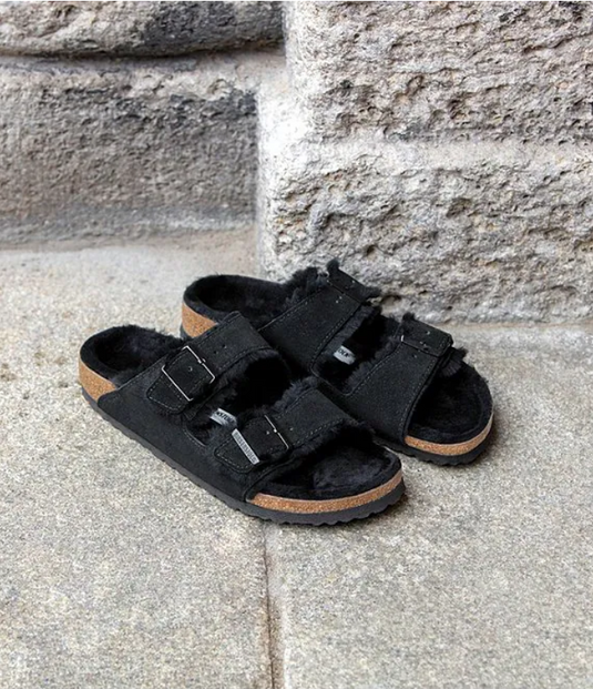 Birkenstock Sandals Arizona Shearling Black Suede Leather Birkenstock Sandals Arizona Shearling Black Suede Leather