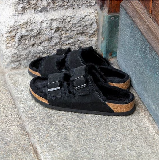 Birkenstock Sandals Arizona Shearling Black Suede Leather Birkenstock Sandals Arizona Shearling Black Suede Leather