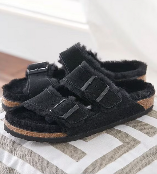 Birkenstock Sandals Arizona Shearling Black Suede Leather Birkenstock Sandals Arizona Shearling Black Suede Leather