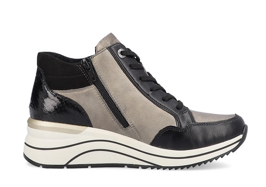 Remonte Women's D0T70-01 Wedge Sneaker Black-Metallic-Gray