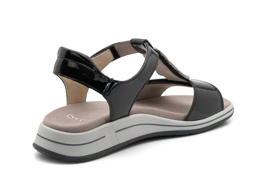 Ara Women's Oregon Medallion Double Adjustable Sandal Black Patent Leather Ara Women's Oregon Medallion Double Adjustable Sandal Black Patent Leather