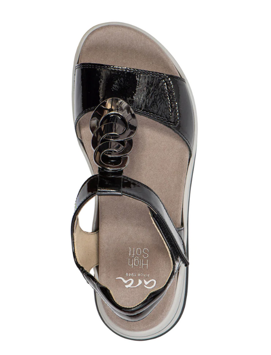 Ara Women's Oregon Medallion Double Adjustable Sandal Black Patent Leather Ara Women's Oregon Medallion Double Adjustable Sandal Black Patent Leather