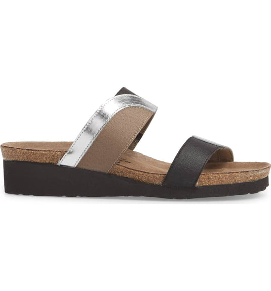 Naot Women's Frankie Slide Sandals Silver Mirror Leather/Gloss Black/Khaki Elastic