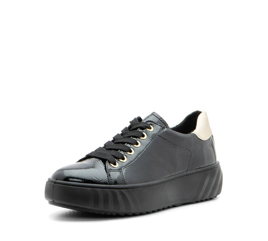 Ara Women's Mikky Platform Sneaker Black Crinkle Patent leather with Platinum Metallic