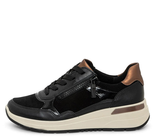 Ara Women's Gardenia Sneaker Black Calf Leather & Suede W/Bronze Metallic