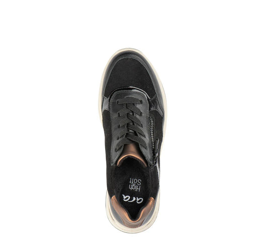 Ara Women's Gardenia Sneaker Black Calf Leather & Suede W/Bronze Metallic