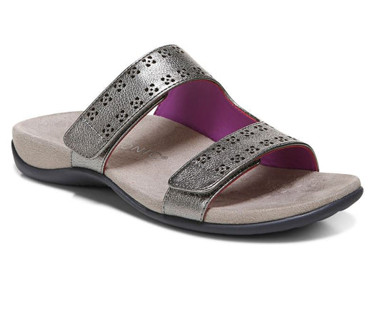 Vionic Women's Nakia Adjustable Slide Sandals Pewter Leather Metallic