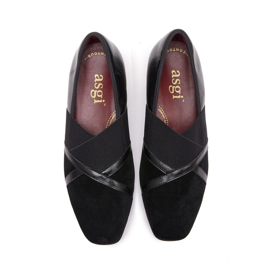 Asgi Women's Meryl Low Heel Black Leather Suede