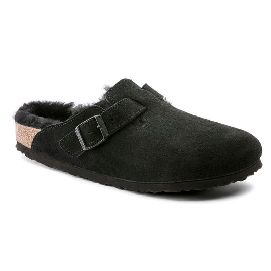 Birkenstock Sandals Boston Shearling Black Suede Leather