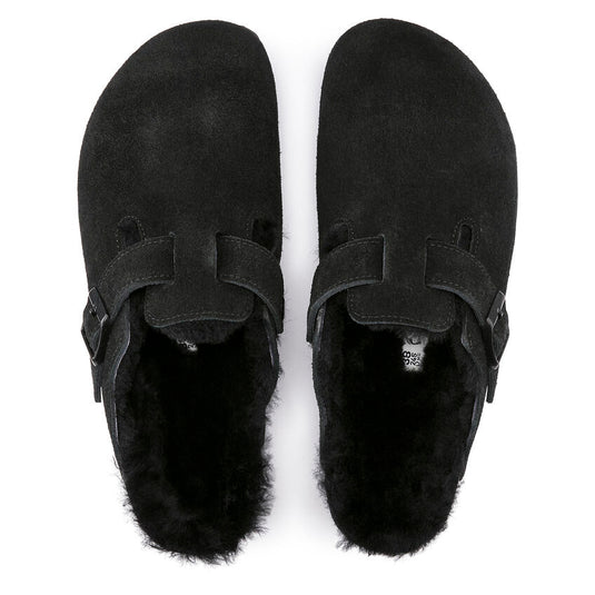 Birkenstock Sandals Boston Shearling Black Suede Leather