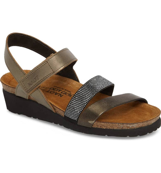 Naot Women's Krista Hook & Loop Sandals Pewter/Metal/Black with Silver Rivets