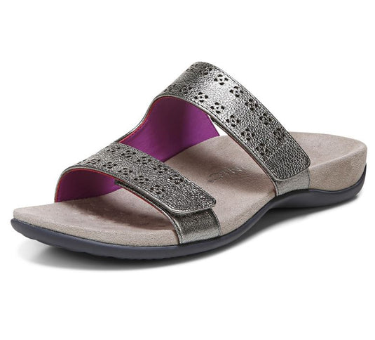 Vionic Women's Nakia Adjustable Slide Sandals Pewter Leather Metallic