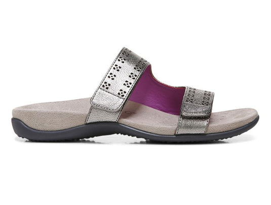 Vionic Women's Nakia Adjustable Slide Sandals Pewter Leather Metallic