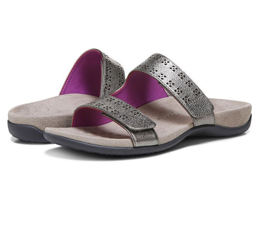 Vionic Women's Nakia Adjustable Slide Sandals Pewter Leather Metallic