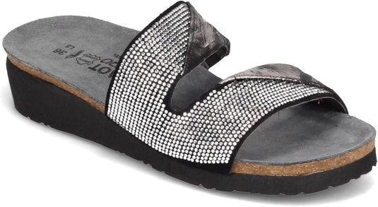 NAOT Women's Mila Sandal Black Micro W/Silver Rivets/Metallic Onyx Lthr