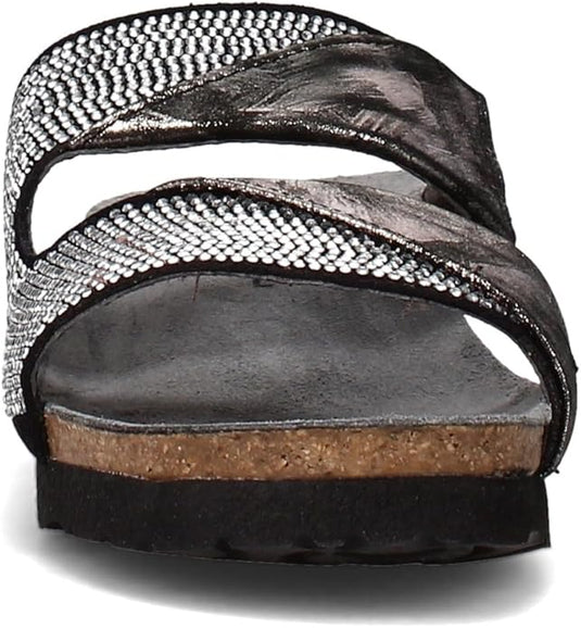 NAOT Women's Mila Sandal Black Micro W/Silver Rivets/Metallic Onyx Lthr