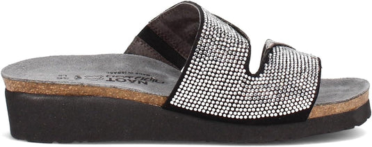 NAOT Women's Mila Sandal Black Micro W/Silver Rivets/Metallic Onyx Lthr