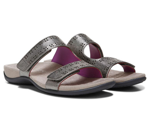 Vionic Women's Nakia Adjustable Slide Sandals Pewter Leather Metallic