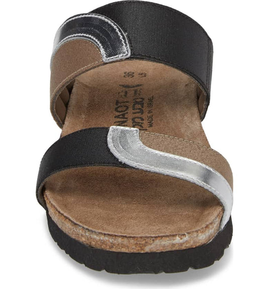 Naot Women's Frankie Slide Sandals Silver Mirror Leather/Gloss Black/Khaki Elastic