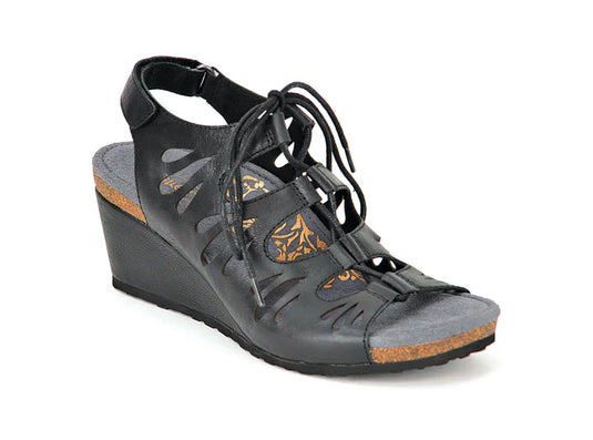 Aetrex Women's Giselle Lace Up Wedge Sandals Black Leather