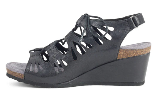 Aetrex Women's Giselle Lace Up Wedge Sandals Black Leather