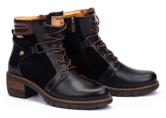 Pikolinos women's SAN SEBASTIA heeled lace-up ankle boots Black