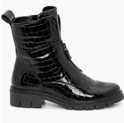 Ara Women's Deon| Dover Lug Sole Front & Inside Zip Boot Black Croc patent