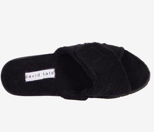 David Tate Women's Cozy Slippers Black Terry Cloth