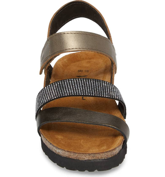 Naot Women's Krista Hook & Loop Sandals Pewter/Metal/Black with Silver Rivets