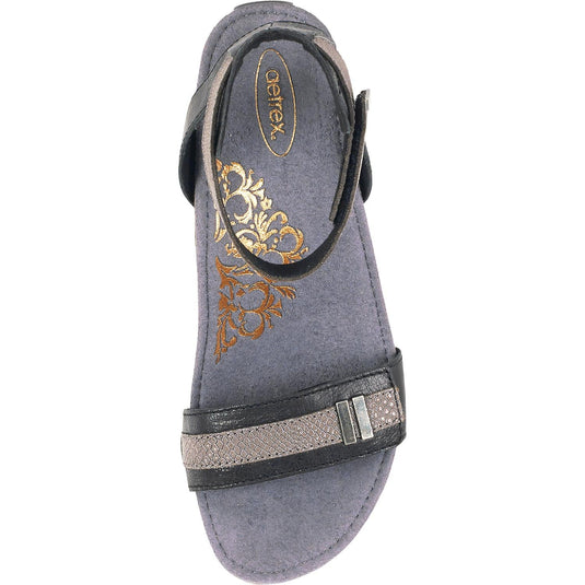 Aetrex Womens Gia Ankle Strap Wedge Sandal Black