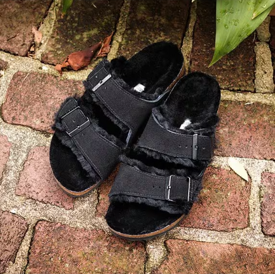 Birkenstock Sandals Arizona Shearling Black Suede Leather