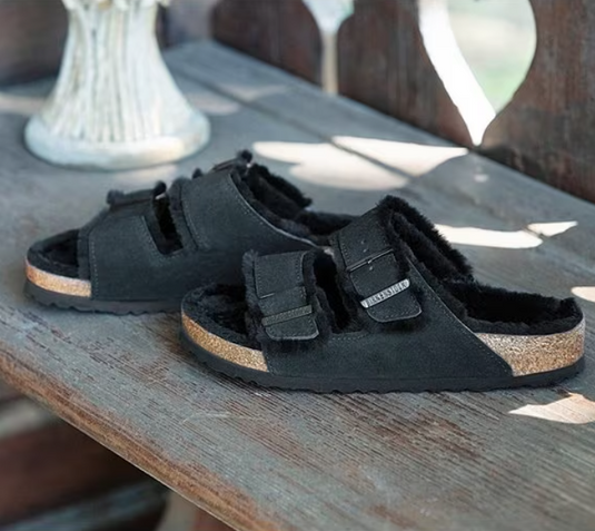 Birkenstock Sandals Arizona Shearling Black Suede Leather