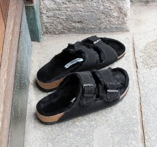 Birkenstock Sandals Arizona Shearling Black Suede Leather