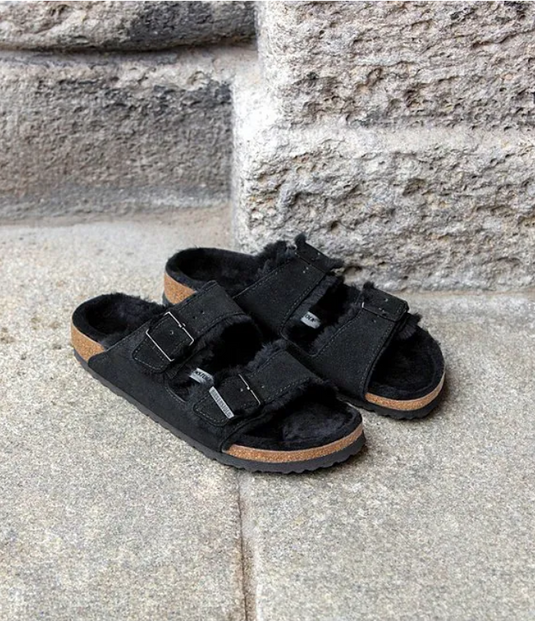 Birkenstock Sandals Arizona Shearling Black Suede Leather