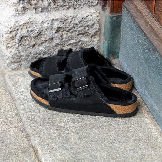 Birkenstock Sandals Arizona Shearling Black Suede Leather