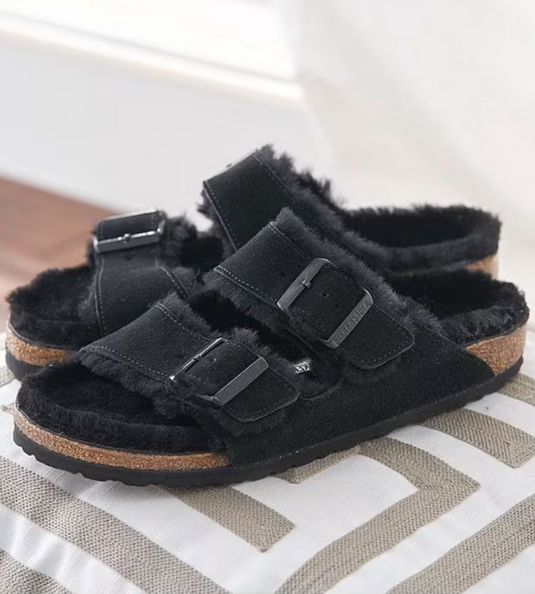 Birkenstock Sandals Arizona Shearling Black Suede Leather