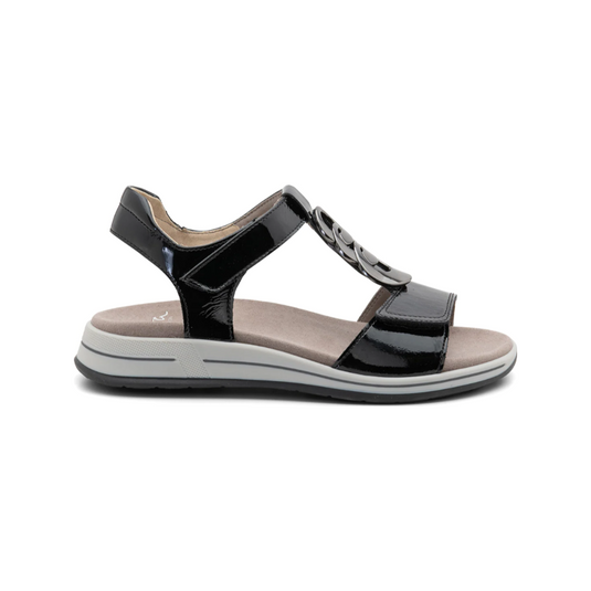 Ara Women's Oregon Medallion Double Adjustable Sandal Black Patent Leather