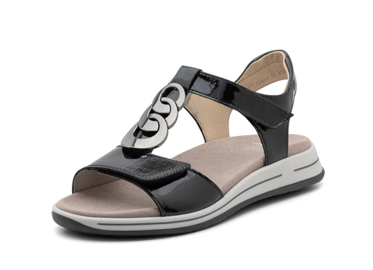 Ara Women's Oregon Medallion Double Adjustable Sandal Black Patent Leather